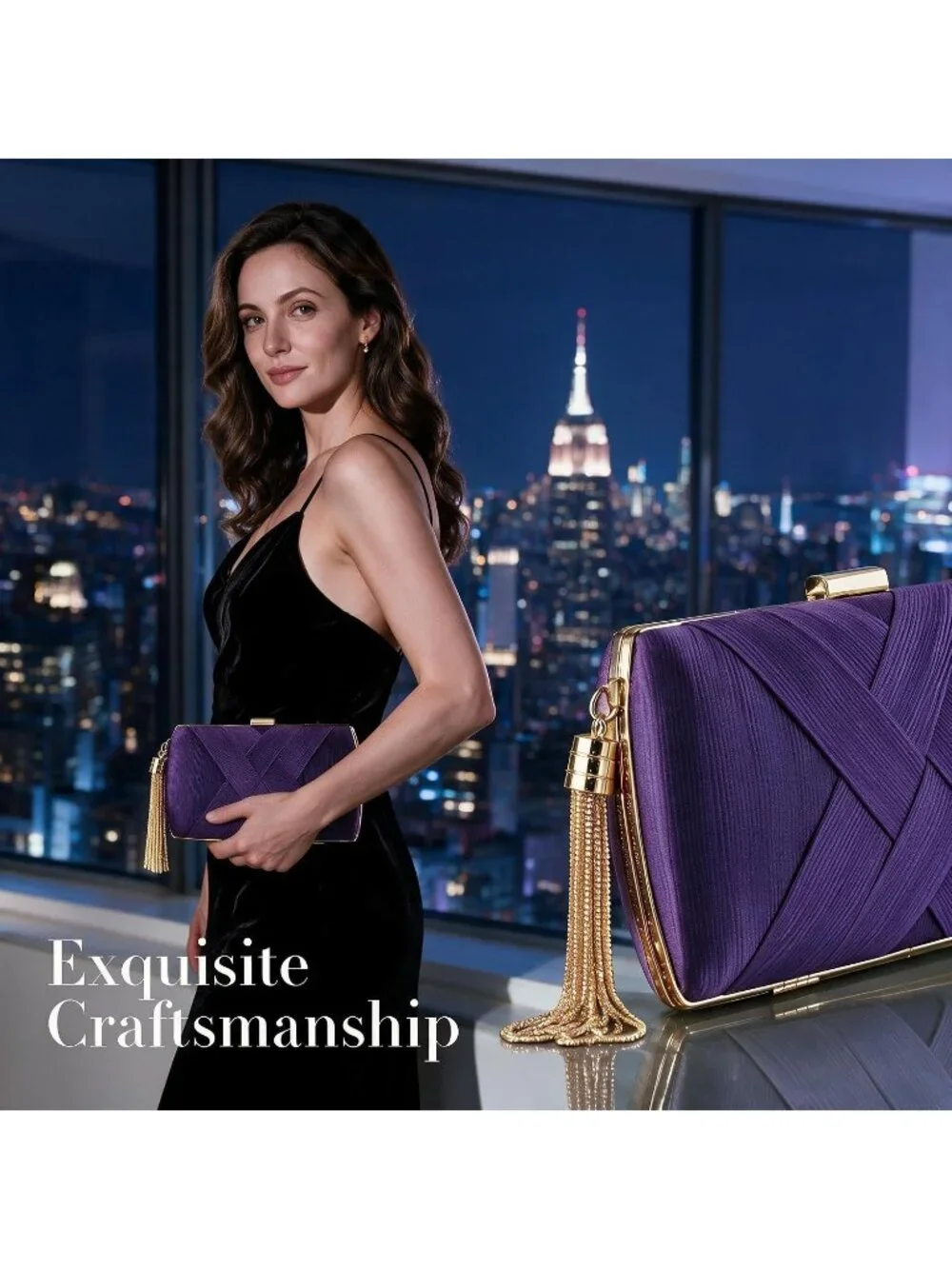 Women's Purple Silk Satin Clutch Purse Pearl Tassel With Chain Evening Bag